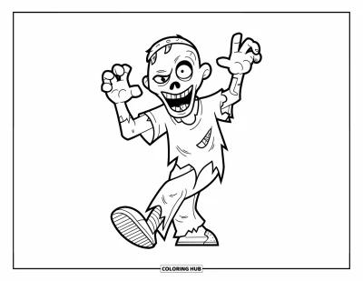 Coloriage de monstres d'Halloween pour enfants : Un zombie rigolo avance les bras levés avec un grand sourire