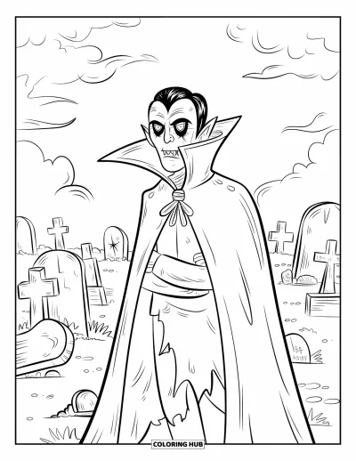 Coloriage de monstres d'Halloween pour enfants : Un vampire gothique se dresse dans un cimetière entouré de pierres tombales brisées