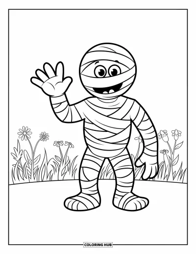 Coloriage de monstres d'Halloween pour enfants : Une momie heureuse salue depuis un champ ensoleillé d'herbe et de fleurs