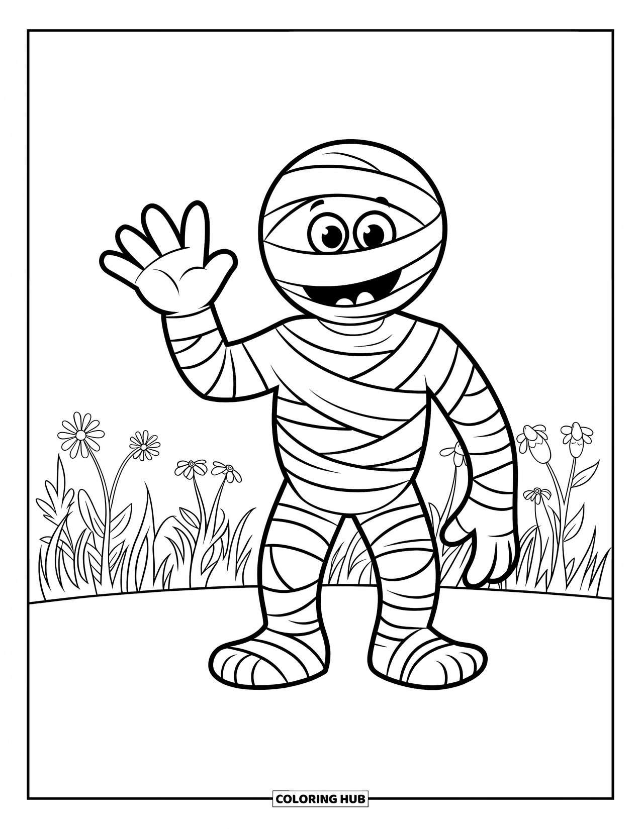 Halloween Monster Coloring Page for Kids: A happy mummy greets from a sunny field of grass and flowers