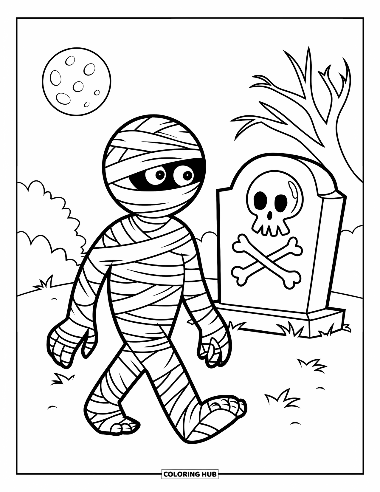 Halloween Monster Coloring Page for Kids: A mummy passes a spooky gravestone under a bright Halloween moon