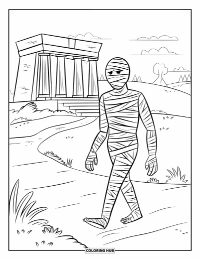 Coloriage de monstres d'Halloween pour enfants : Une momie avance près d'un grand tombeau entouré de montagnes et d'arbres