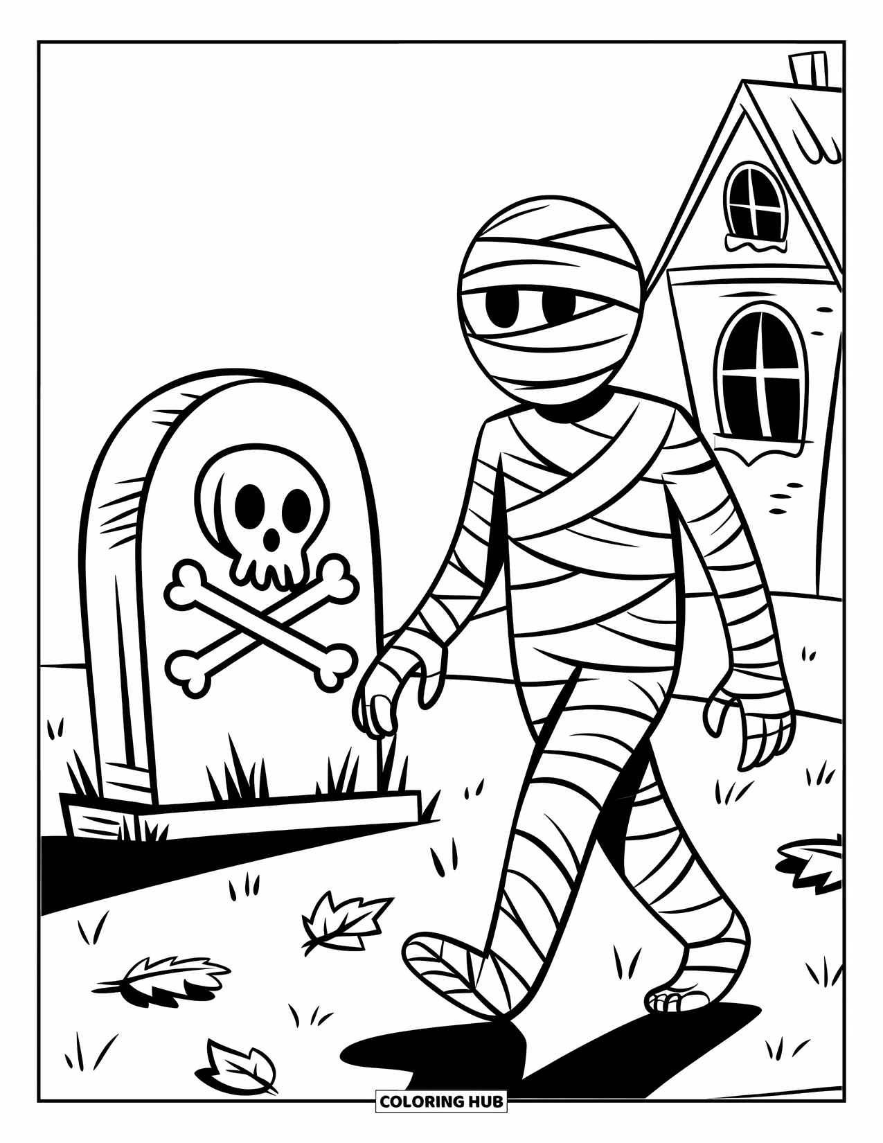 Halloween Monster Coloring Page for Kids: A mummy strolls past a gravestone near a haunted house