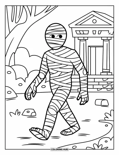 Coloriage de monstres d'Halloween pour enfants : Une momie chemine sur un sentier poussiéreux près d'un tombeau en pierre et de rochers épars