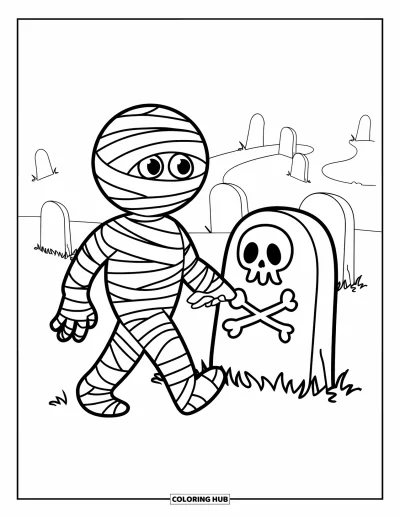 Coloriage de monstres d'Halloween pour enfants : Une momie passe devant une pierre tombale dans un cimetière brumeux rempli d'ossements