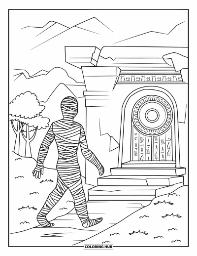 Coloriage de monstres d'Halloween pour enfants : Une momie avance vers un tombeau ancien couvert de sculptures et de sable