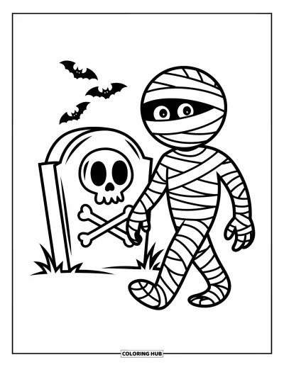 Coloriage de monstres d'Halloween pour enfants : Une momie erre près d'une pierre tombale marquée d'une tête de mort entourée de chauves-souris