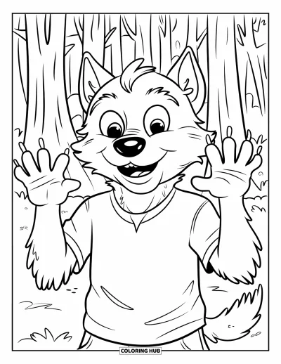 Coloriage de monstres d'Halloween pour enfants : Un loup-garou espiègle lève les bras et sourit dans une forêt sinistre