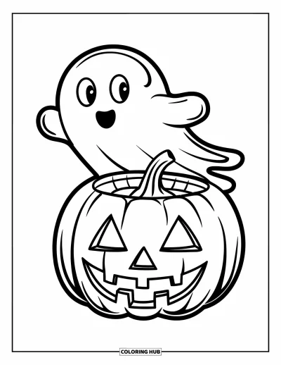 Coloriage de monstres d'Halloween pour enfants : Un petit fantôme tout rond sourit à côté d'une citrouille dans l'obscurité