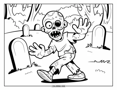 Coloriage de monstres d'Halloween pour enfants : Un zombie facétieux traverse un cimetière en souriant sous des arbres tordus