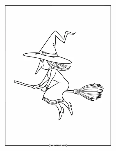 Coloriage de monstres d'Halloween pour enfants : Une sorcière vole sur son balai avec un grand chapeau et une longue robe