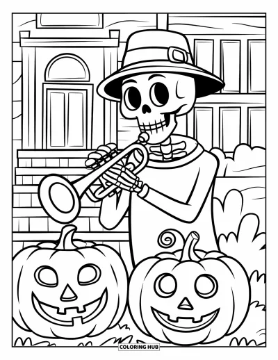 Coloriage de monstres d'Halloween pour enfants : Un squelette joue de la musique près de citrouilles devant l'entrée d'un manoir hanté