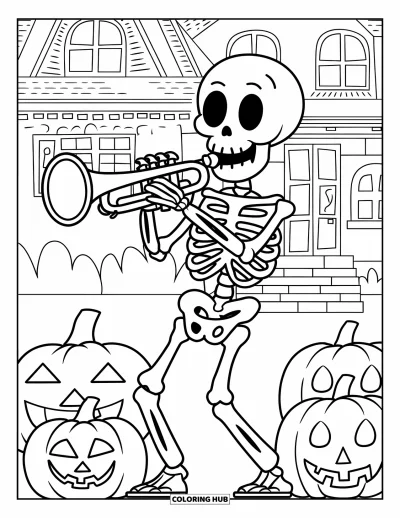 Coloriage de monstres d'Halloween pour enfants : Un squelette joue de la trompette près de citrouilles devant une maison hantée