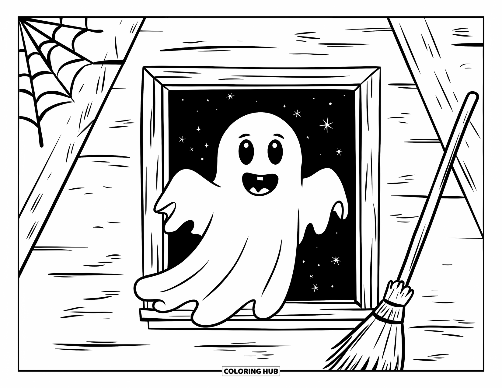 Halloween Monster Coloring Page for Kids: A smiling ghost emerges from a dusty attic filled with cobwebs