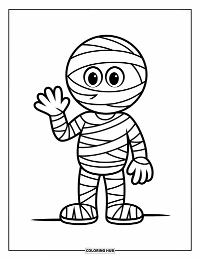 Coloriage de monstres d'Halloween pour enfants : Une momie souriante fait signe de la main debout sur un sol plat