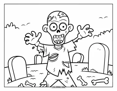 Coloriage de monstres d'Halloween pour enfants : Un zombie souriant erre dans un cimetière parsemé d'ossements