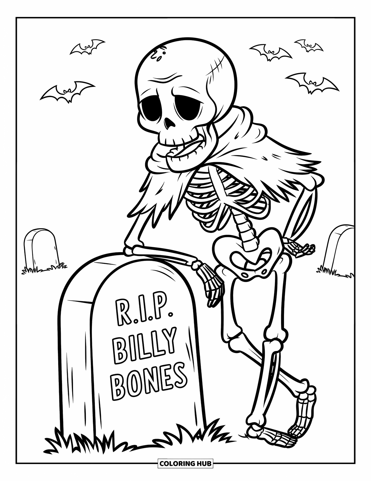 Halloween Monster Coloring Page for Kids: A smirking skeleton rests by a weathered grave marked "R.I.P. Billy Bones"