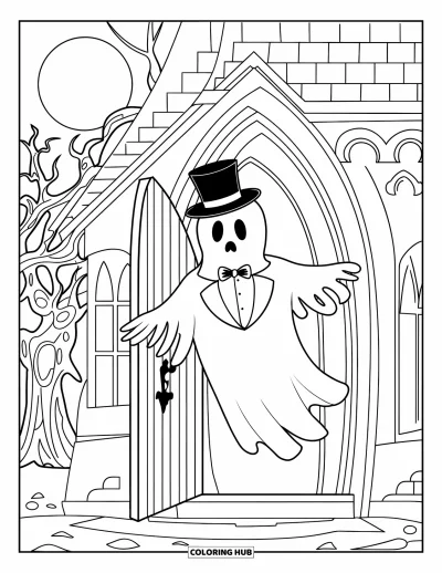 Coloriage de monstres d'Halloween pour enfants : Un fantôme élégant en smoking surgit d'un manoir hanté