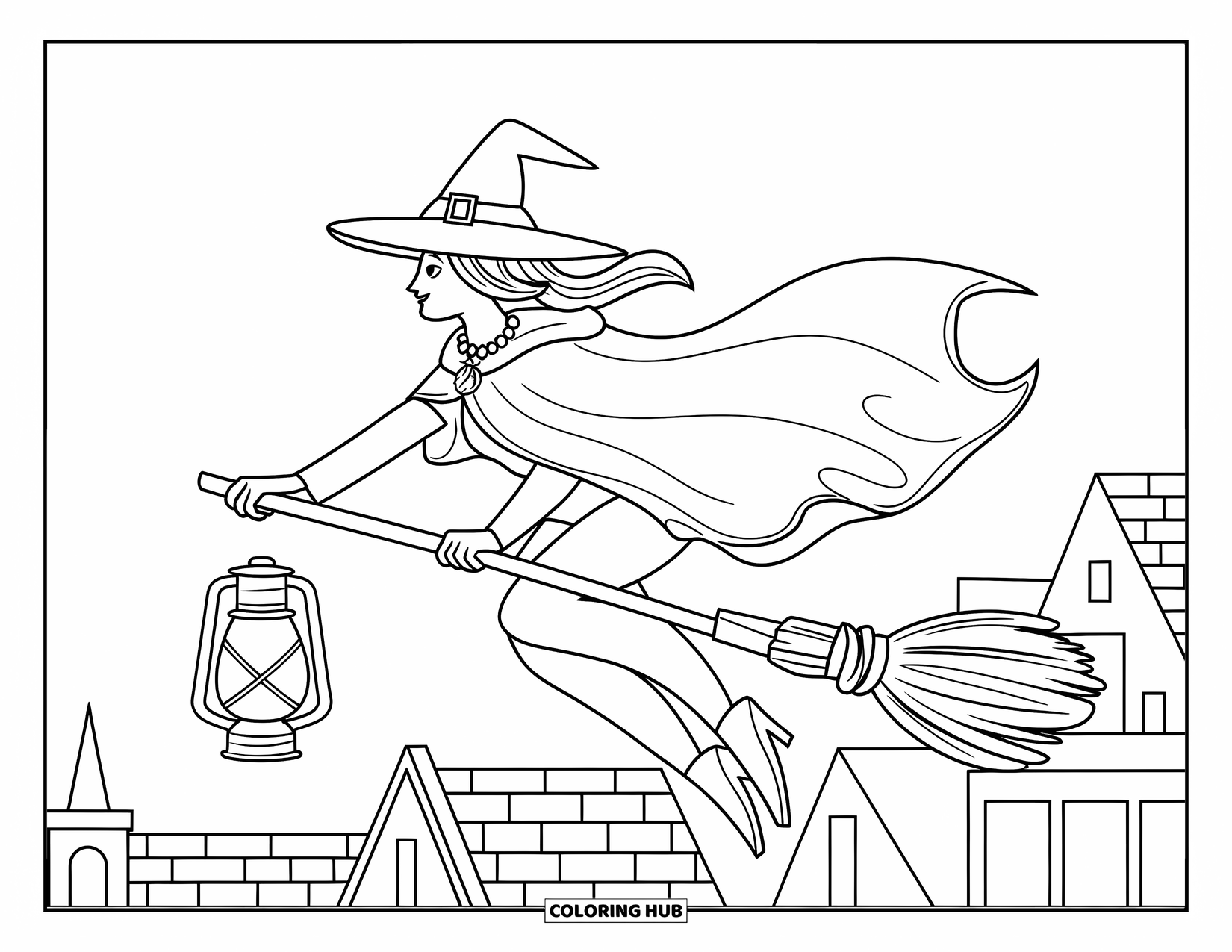 Halloween Monster Coloring Page for Kids: A stylish witch glides over rooftops with her broom and lantern