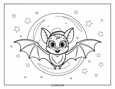 Coloriage de monstres d'Halloween pour enfants : Une petite chauve-souris aux grands yeux vole devant une pleine lune étoilée