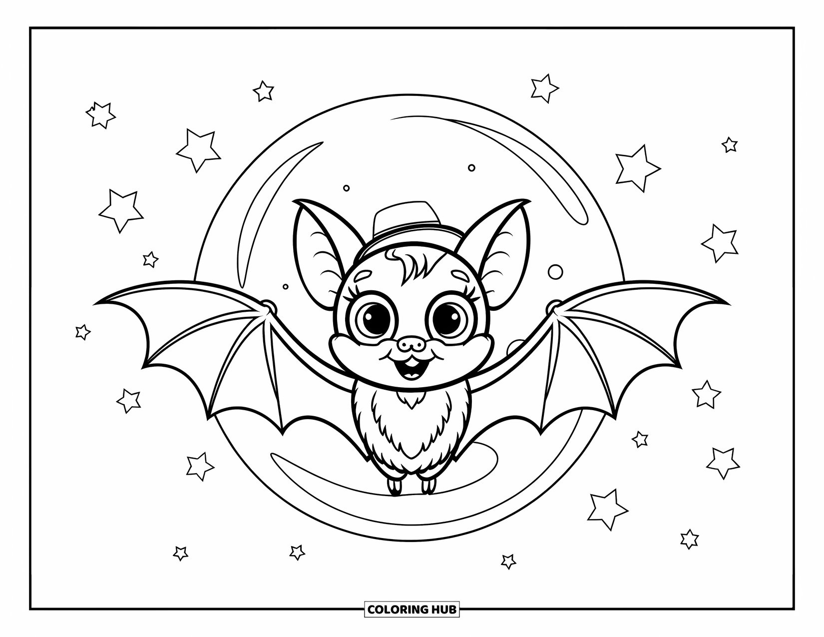 Halloween Monster Coloring Page for Kids: A tiny bat with big eyes flies before a full moon of stars