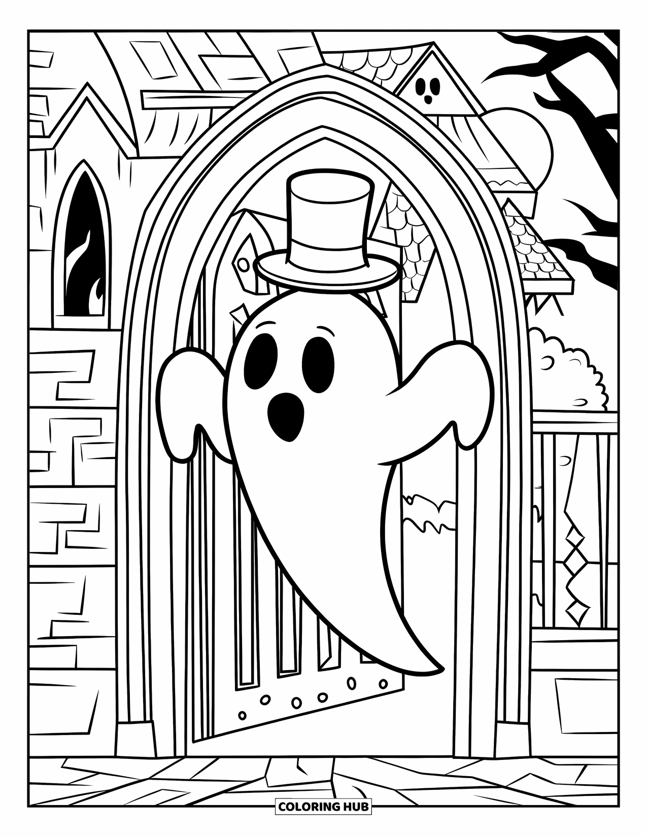Halloween Monster Coloring Page for Kids: A top-hatted ghost drifts from a gothic mansion under moonlight