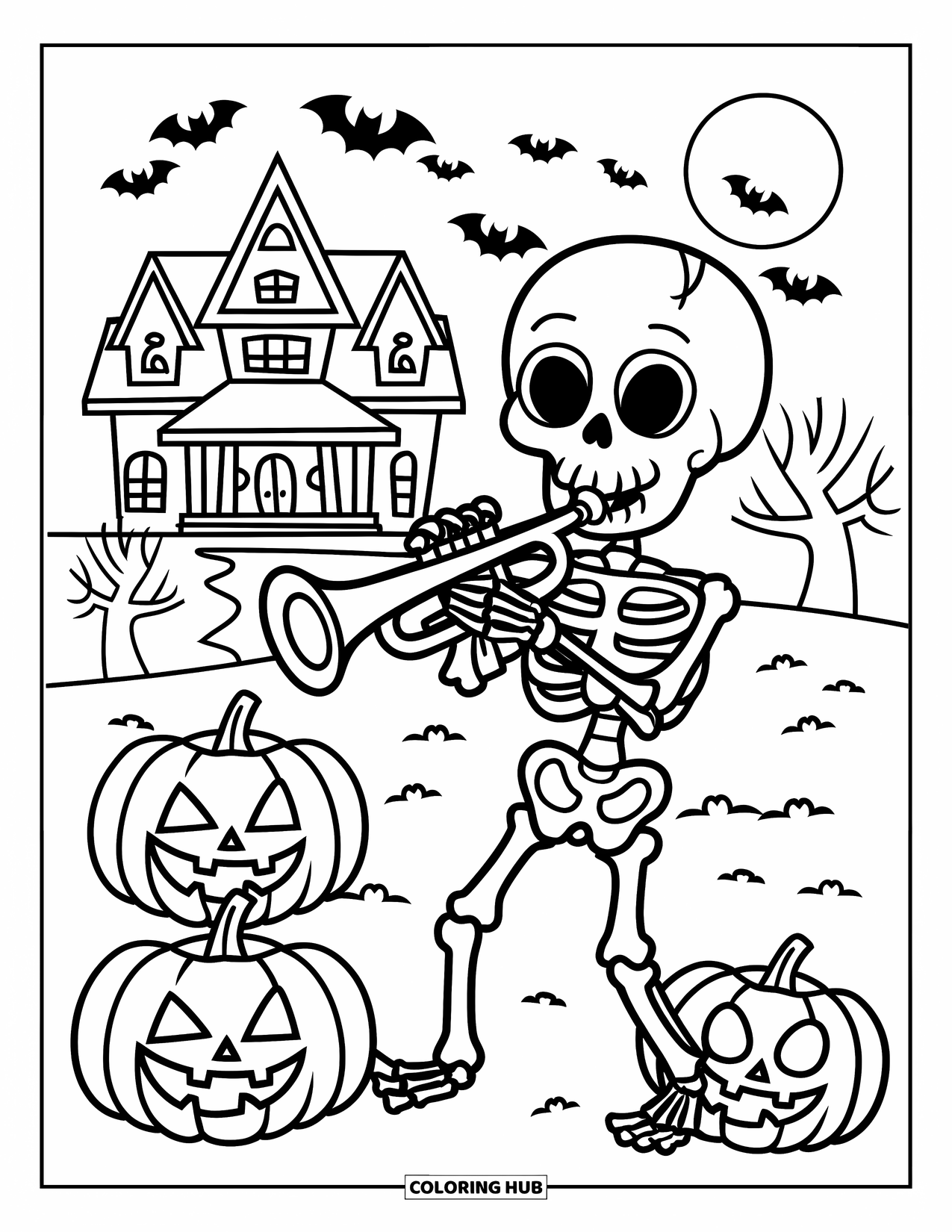 Halloween Monster Coloring Page for Kids: A trumpet-playing skeleton performs beside pumpkins and a spooky house