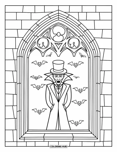 Coloriage de monstres d'Halloween pour enfants : Un vampire chapeuté se tient près d'une fenêtre gothique avec des chauves-souris derrière lui