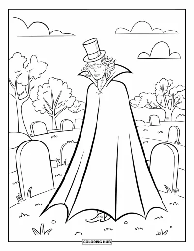 Coloriage de monstres d'Halloween pour enfants : Un vampire coiffé d'un haut-de-forme se profile dans un cimetière sous des arbres tordus