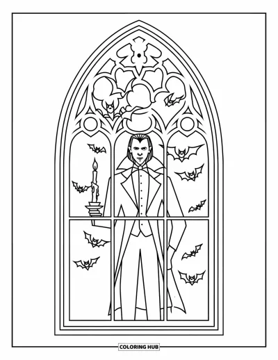 Coloriage de monstres d'Halloween pour enfants : Un vampire aux longs cheveux se tient près d'une fenêtre gothique éclairée aux bougies