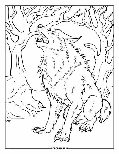 Coloriage de monstres d'Halloween pour enfants : Un loup-garou hurle dans une forêt inquiétante aux branches sombres