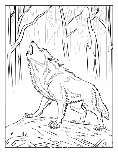 Coloriage de monstres d'Halloween pour enfants : Un loup-garou hurle sur des rochers devant une forêt hantée aux arbres noueux