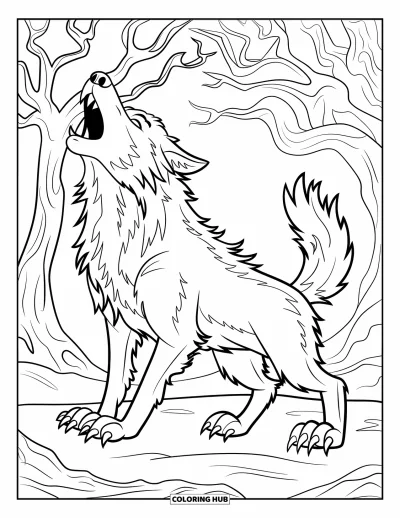 Coloriage de monstres d'Halloween pour enfants : Un loup-garou lève la tête et hurle dans une forêt lugubre