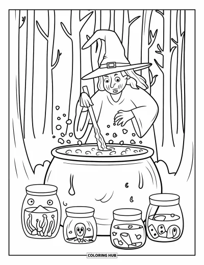 Coloriage de monstres d'Halloween pour enfants : Une sorcière prépare sa potion dans un chaudron en forêt sous de grands arbres élancés