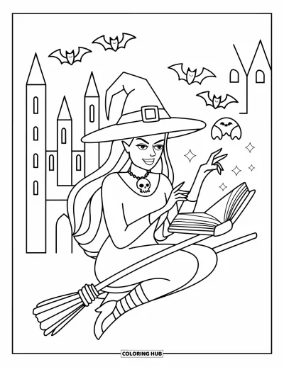 Coloriage de monstres d'Halloween pour enfants : Une sorcière sur un balai lance des sorts depuis un vieux grimoire près d'un château