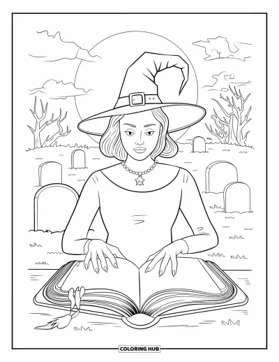 Coloriage de monstres d'Halloween pour enfants : Une sorcière lit un grimoire dans un cimetière sous la pleine lune