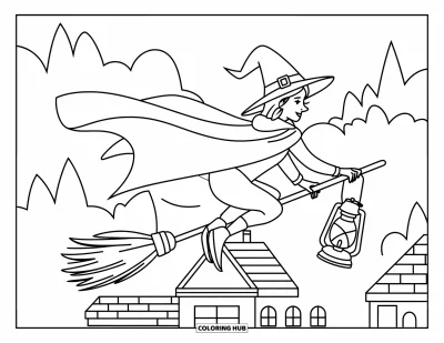 Coloriage de monstres d'Halloween pour enfants : Une sorcière survole les toits avec sa lanterne et sa longue cape flottante