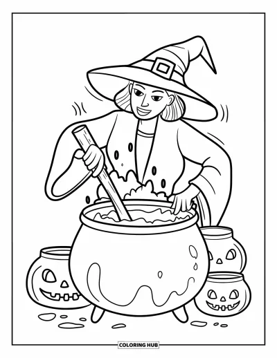 Coloriage de monstres d'Halloween pour enfants : Une sorcière brasse un chaudron bouillonnant entourée de bocaux inquiétants et de brume