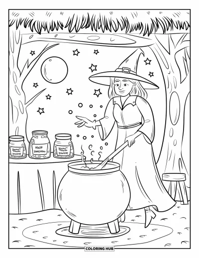 Coloriage de monstres d'Halloween pour enfants : Une sorcière remue un chaudron sous le clair de lune entourée de bocaux et d'étoiles