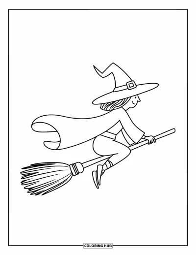 Coloriage de monstres d'Halloween pour enfants : Une sorcière chapeutée s'envole dans le ciel en tenant sa baguette magique
