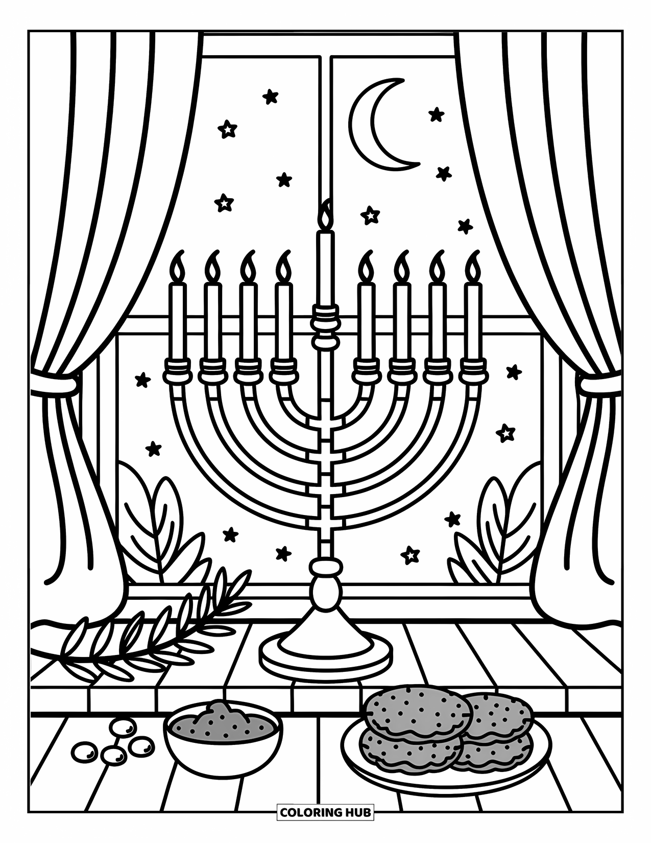 Hanukkah Coloring Page for Adults: A cozy window menorah glowing beside latkes and applesauce