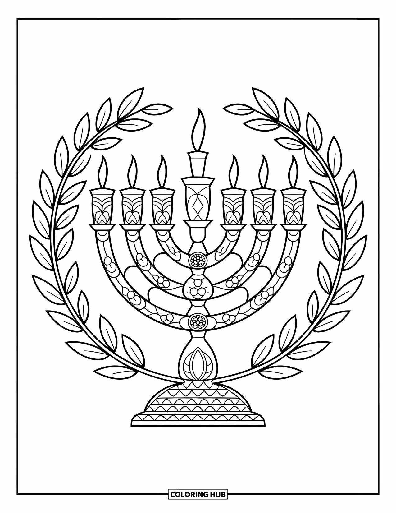 Hanukkah Coloring Page for Adults: A detailed menorah framed by olive branches and candle mandalas