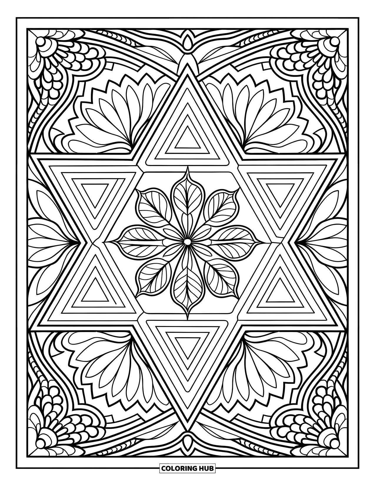 Hanukkah Coloring Page for Adults: A detailed Star of David framed by flowers and ornate borders