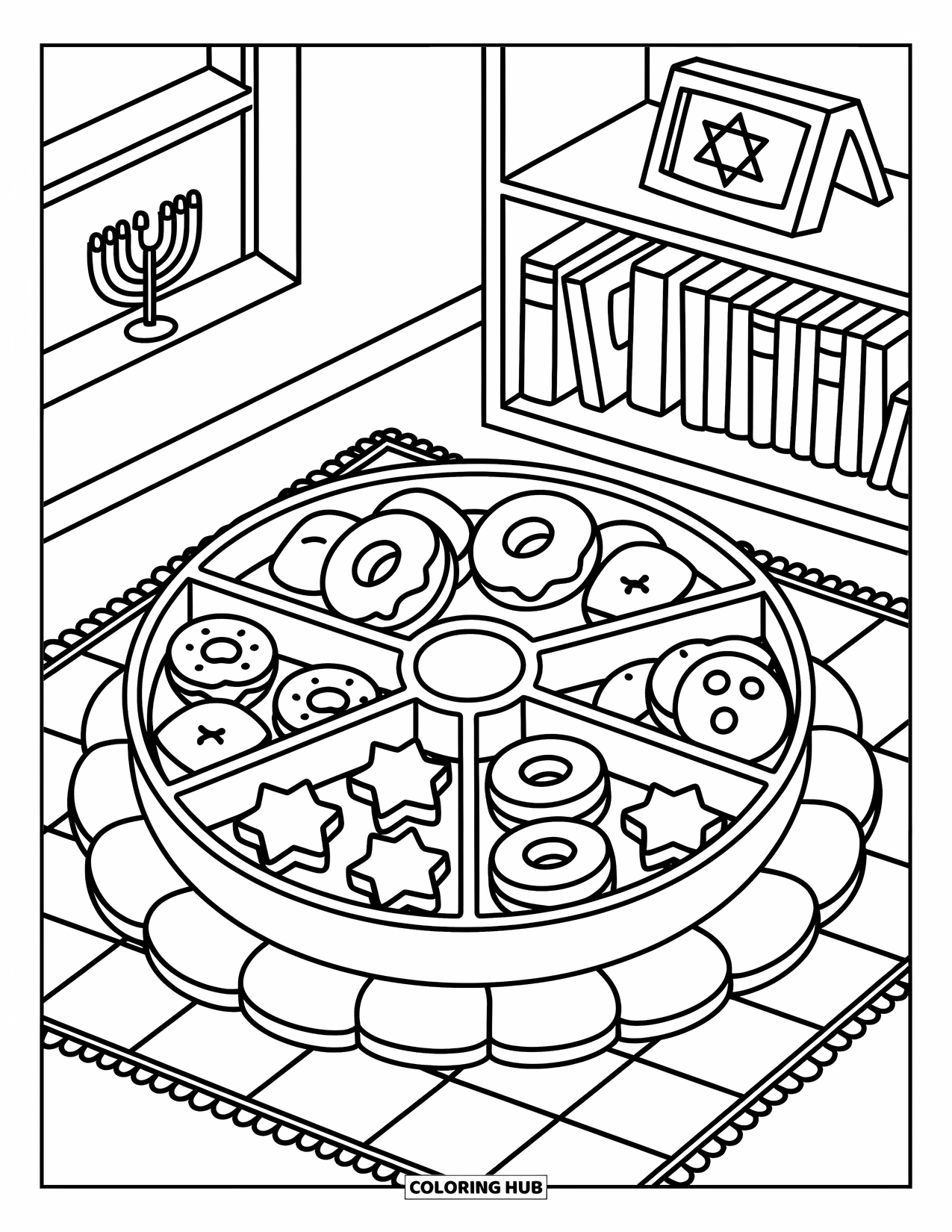 Hanukkah Coloring Page for Adults: A festive tray of donuts, gelt, and cookies beside a bookshelf