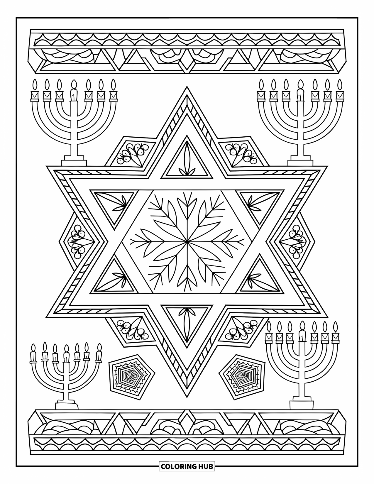 Hanukkah Coloring Page for Adults: A floral Star of David surrounded by menorahs, dreidels, and candles