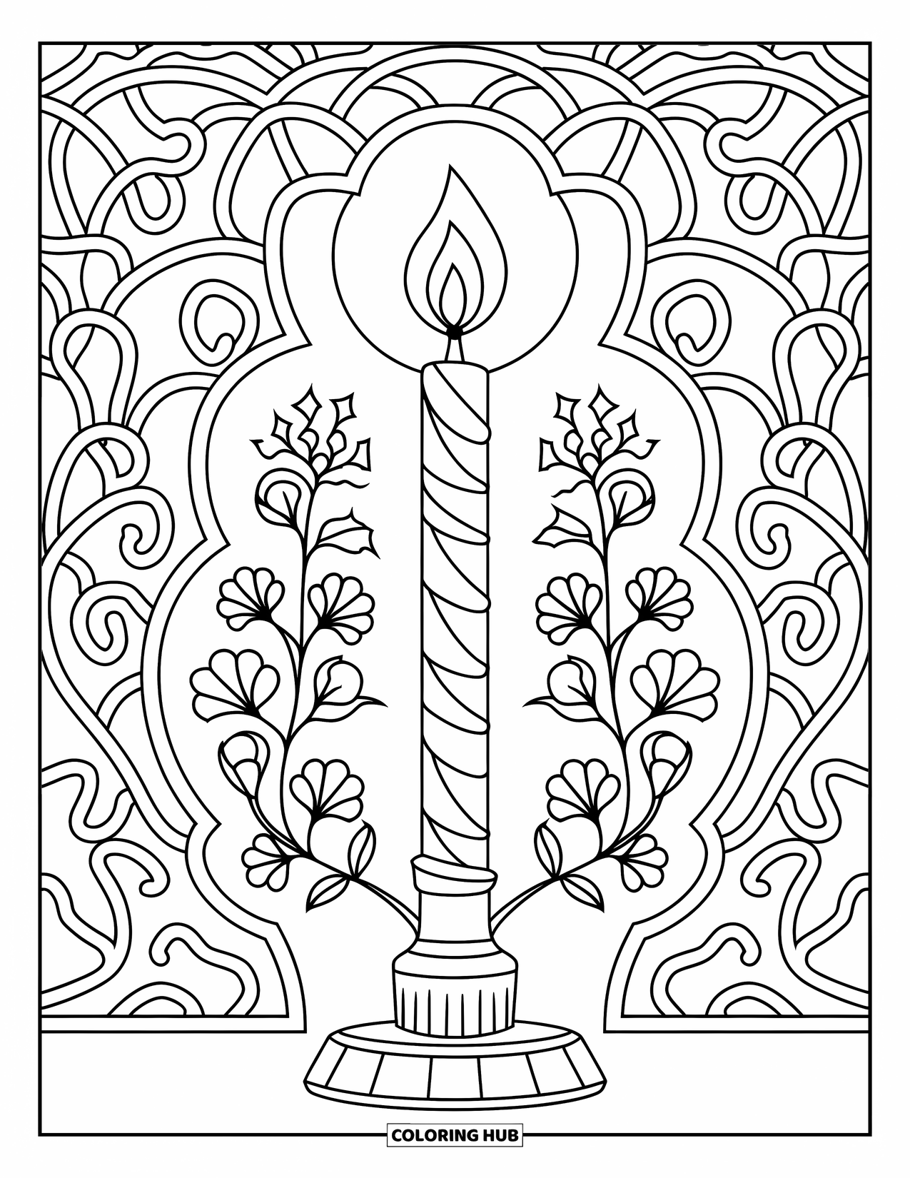 Hanukkah Coloring Page for Adults: A Hanukkah candle framed by stained glass and curling flower vines