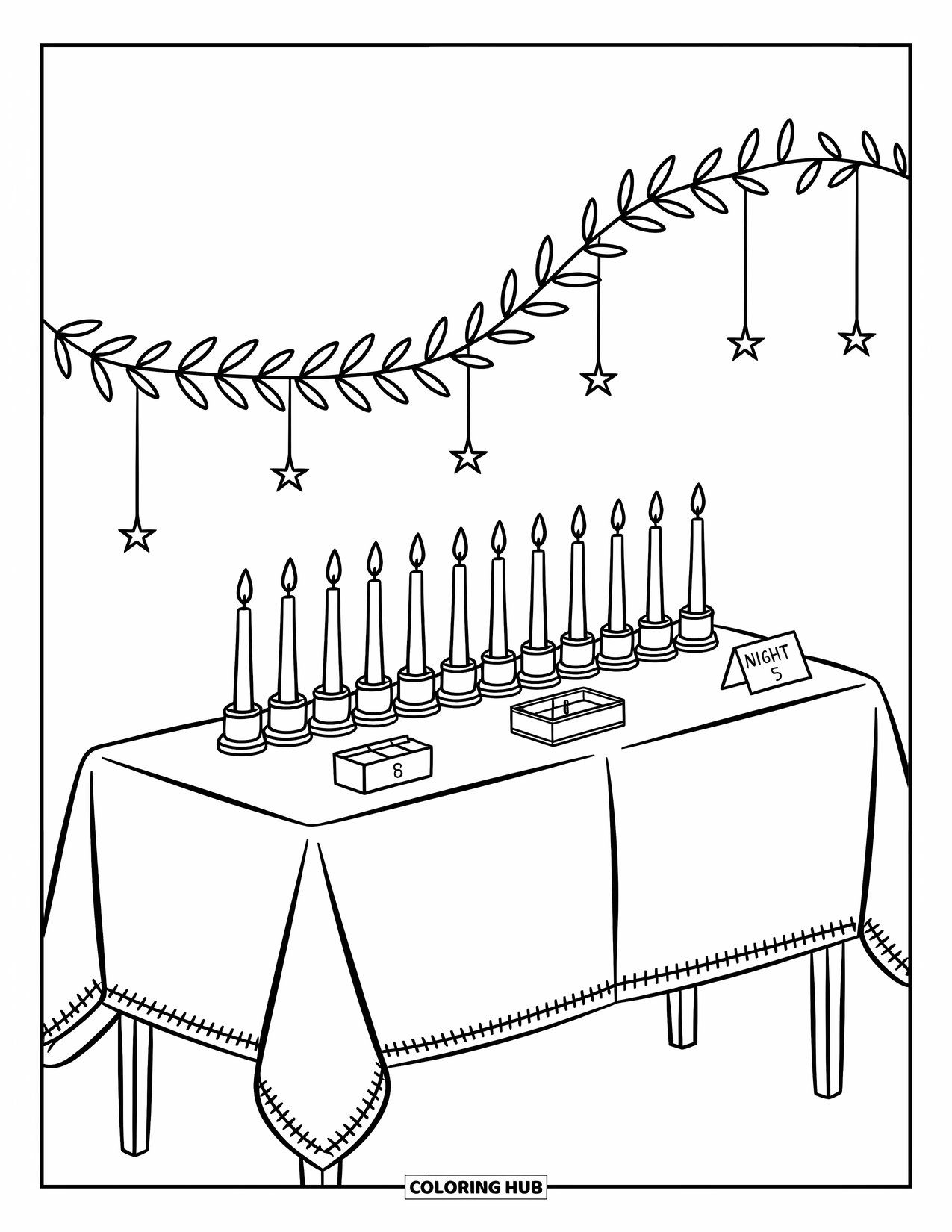 Hanukkah Coloring Page for Adults: A Hanukkah candle setup with a card reading ìNight 5î and olive garland