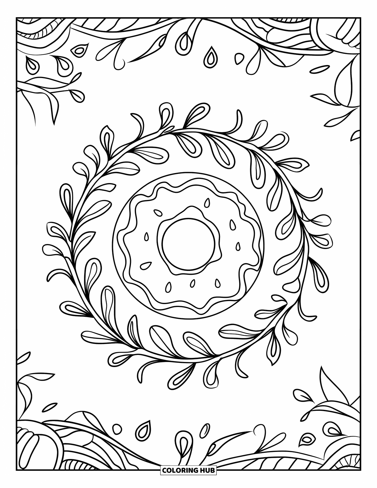 Hanukkah Coloring Page for Adults: A Hanukkah doughnut encircled by jelly drops and floral details