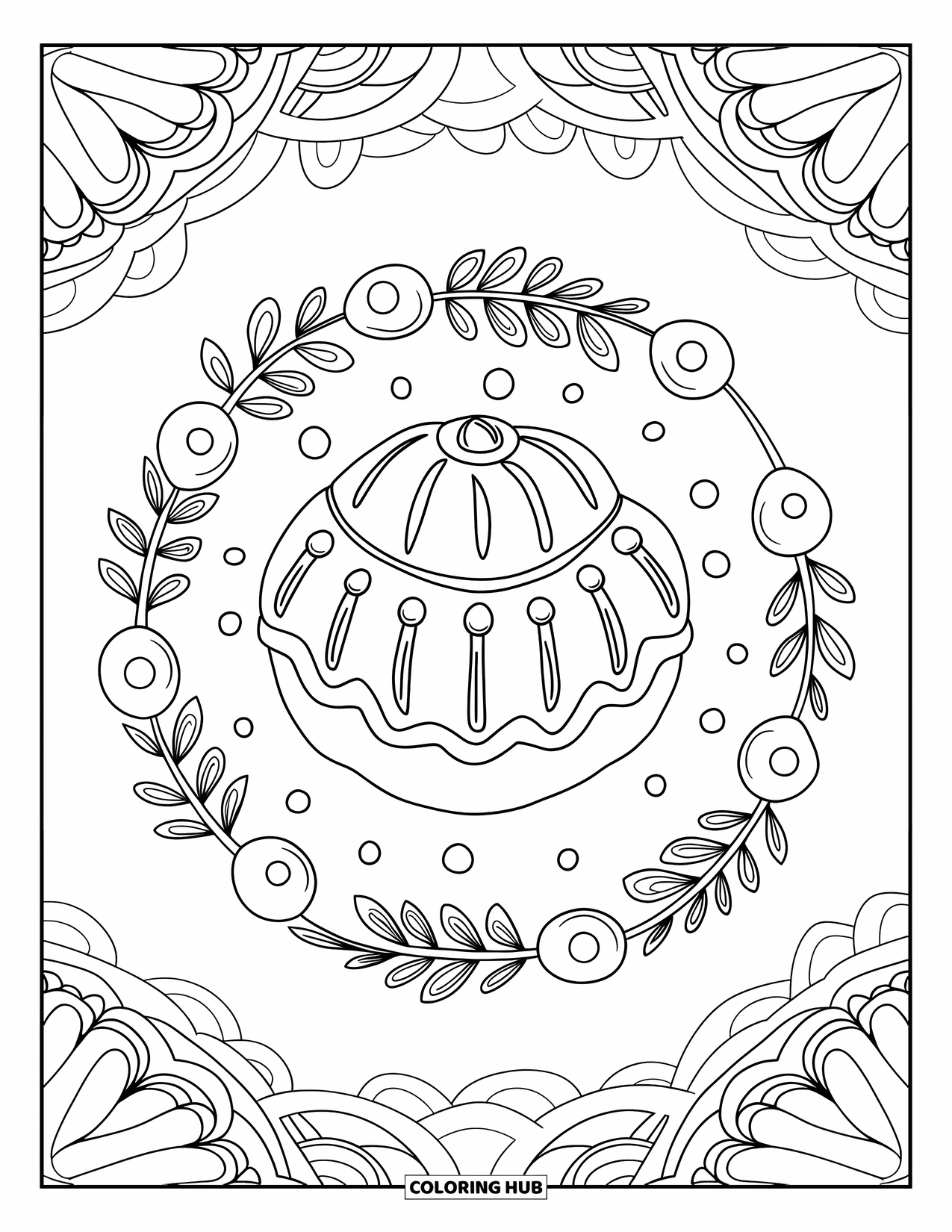 Hanukkah Coloring Page for Adults: A jelly doughnut centered in a circle of botanical Hanukkah designs