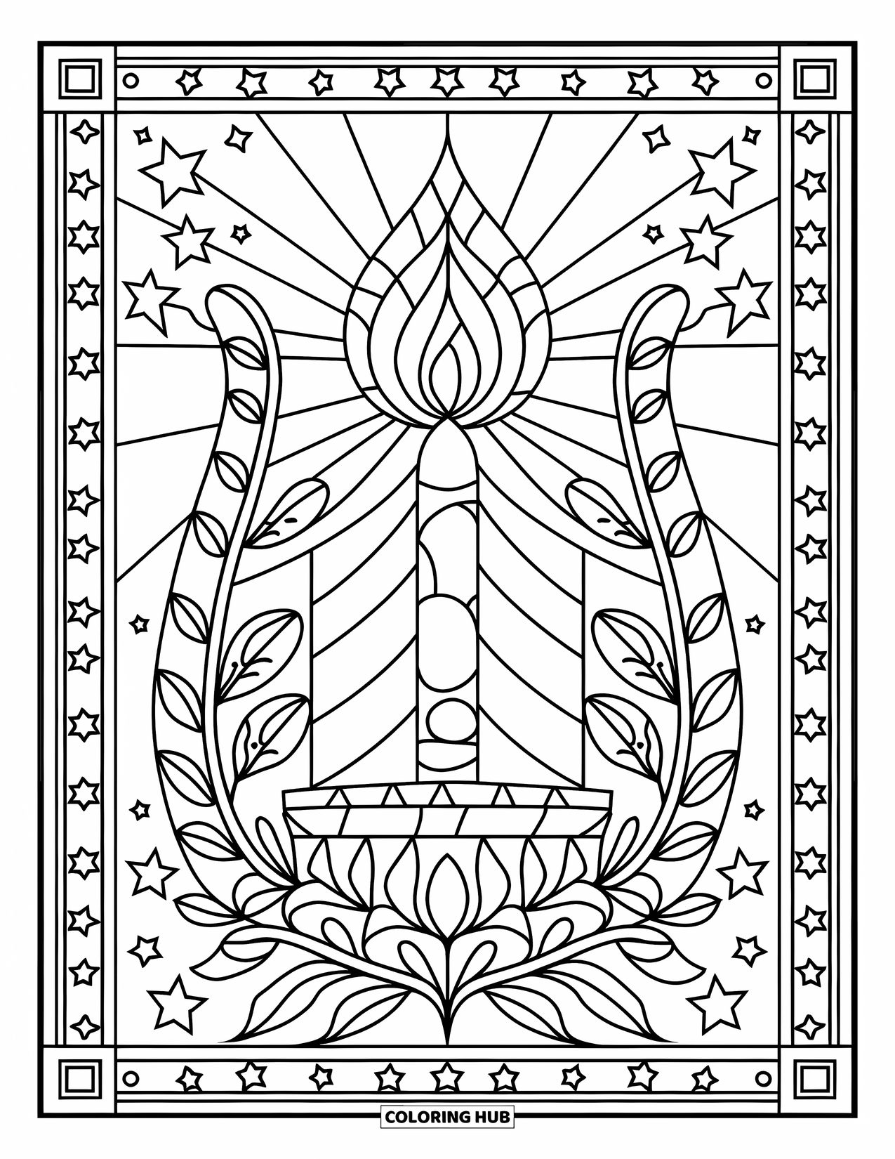 Hanukkah Coloring Page for Adults: A large candle with a floral frame and a starry background